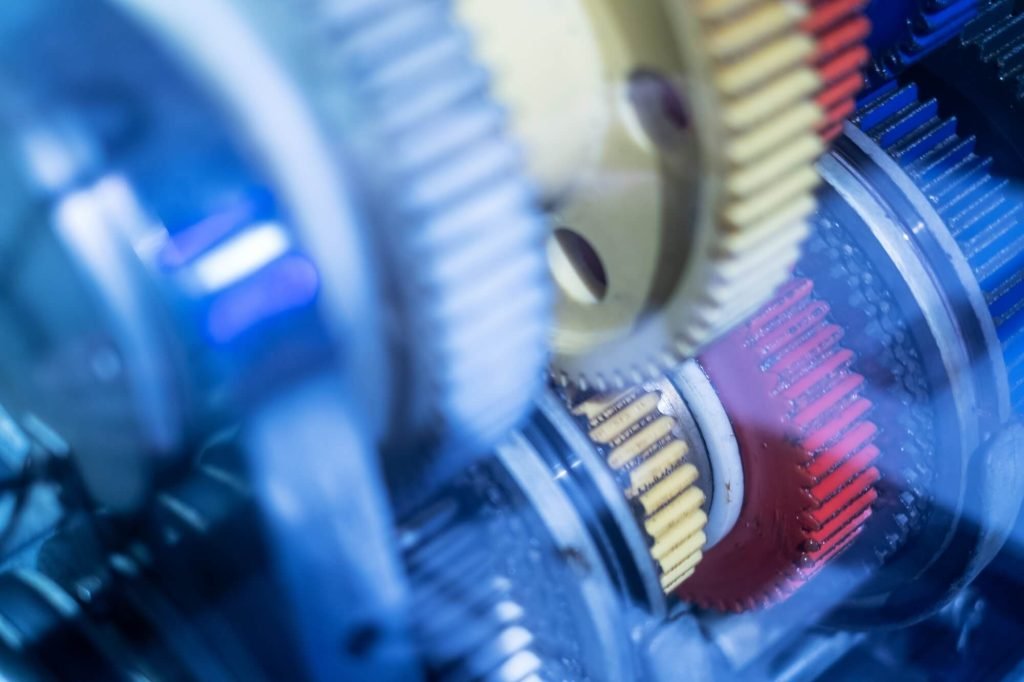 Close up of multi-colored gear train inside a CVT transmission